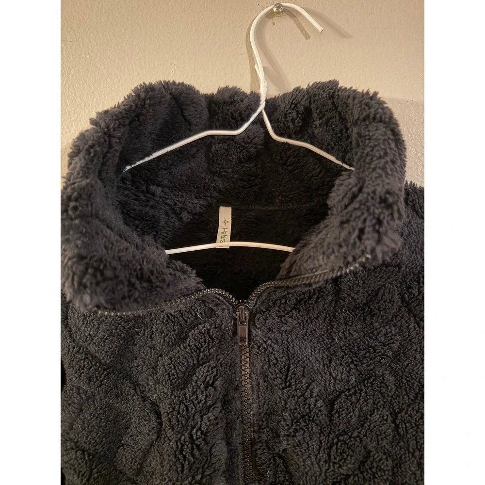 Halara Black Teddy Fleece Cable Knit Textured Full Zip Jacket Women's Size Med